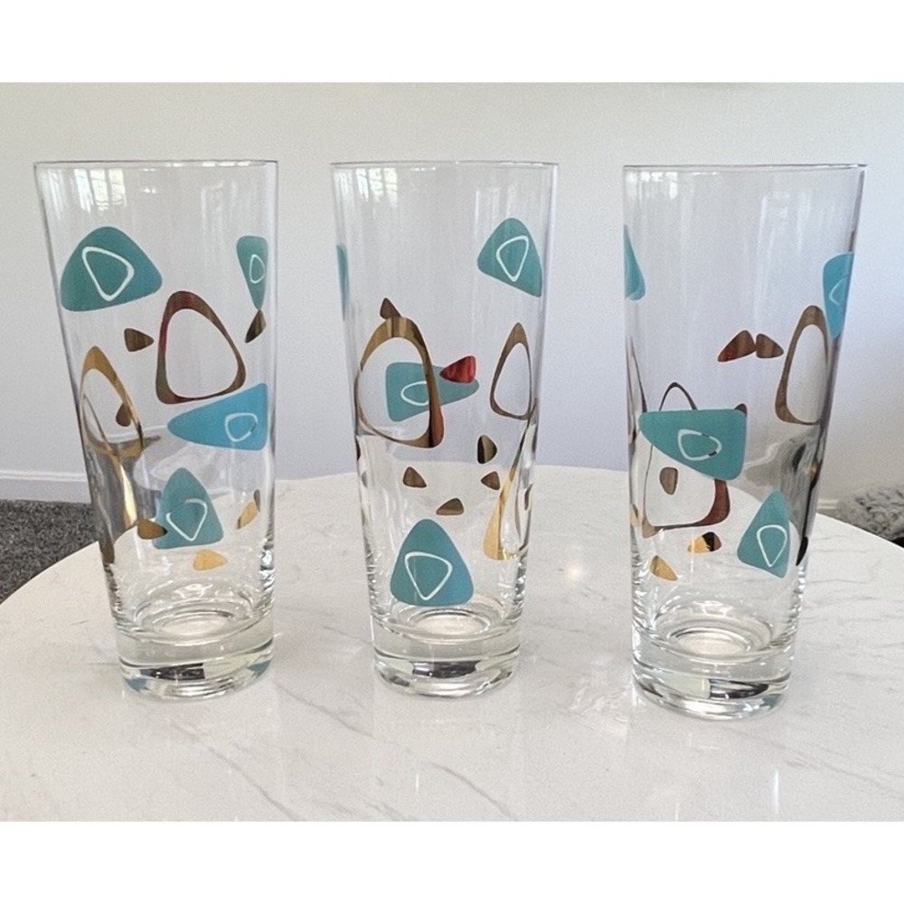 Vtg Federal Glass Amoeba Atomic Boomerang Turquoise 16 Ounce Tumbler Tall Set 3